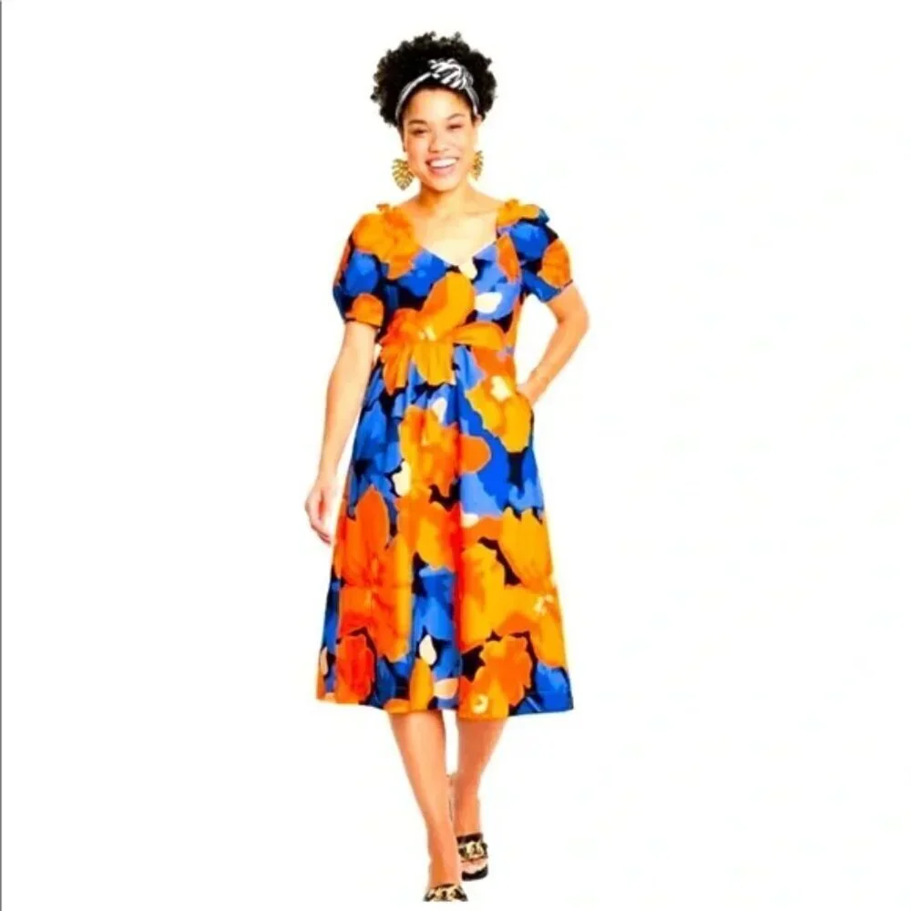 Tabitha Brown Dress Women's 14 Orange Blue Floral Back Cut Out Midi NWT - Picture 10 of 10